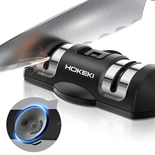 Knife Sharpener, HOKEKI Professional 2 Stage Manual Kitchen Chefs Pocket Survival Knife Sharpener with Non-Slip Suction Cup Helps Repair, Restore and Polish Blades, Black