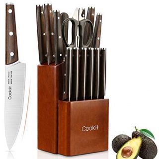 Kitchen Knife Sets, Cookit 15-Piece German Stainless Steel Chef Knife Set with Wooden Block Holder and Sharpener, Color Handle Knife Block Set