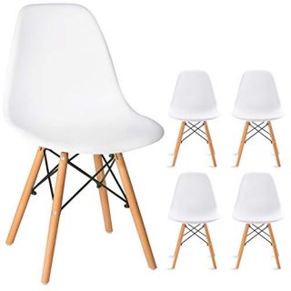 Waleaf Set of 4 Modern Eames Style Dining Chair Mid-Century DSW Side Chair with Natural Wood Legs, Shell Lounge Plastic Chair for Kitchen, Bedroom, Living and Dining Room (White)