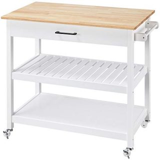 Topeakmart Kitchen Trolley Cart on Wheels, Rolling Kitchen Island with Storage Drawer Towel Rack Lower Shelf Natural Wood Countertop White Stand