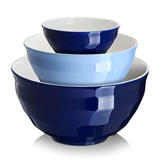 DOWAN Ceramic Mixing Bowls for Kitchen, Size 4.25/2/0.5 Qt Large Serving Bowl Set, Microwave and Dishwasher Safe, Sturdy & No Scratch, Nesting Bowls for Space Saving, 3-Piece Set, Blue