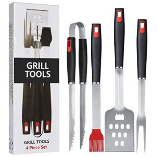 Homissor Heavy Duty BBQ Grilling Tools Set, Stainless Steel Spatula, Fork, Basting Brush&Tongs, Grill Tools Kit for Barbecue, Grill Utensils Accessories, Gift Box Package