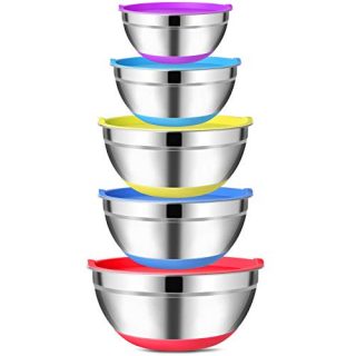 Mixing Bowls with Airtight Lids (Set of 5) Stainless Steel Mixing Bowl Set, Non Slip Colorful Silicone Bottom Nesting Storage Bowls, Great for Mixing & Prepping 1.5-2.5-3-5-8 QT