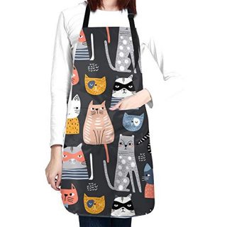 Women’s Cute Cat Apron – Adjustable neck bib for cooking, baking, and gardening with two front pockets for added convenience. 
