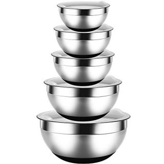 REGILLER Stainless Steel Mixing Bowls with Lids (Set of 5), Nesting Bowls Black Non-Slip Silicone Bottoms Great for Mixing, Baking, PreppingGreat for Mixing, Baking, Prepping
