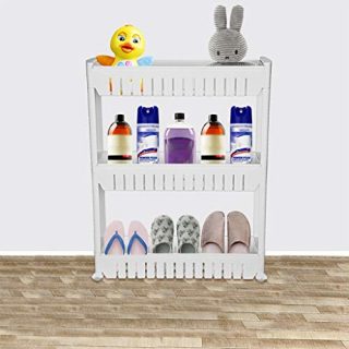 BONJIU Simulation Kitchen Toy, 3-Tier Mobile Shelf Kitchen Storage Rack Bathroom Stand Organizer Laundry Cart Accessories Set for Girls Boys Gifts