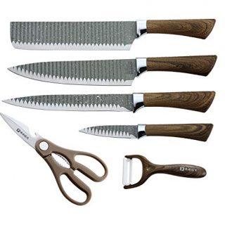 WL Spring Kitchen Knife Set, 6-Piece Non-Stick Kitchen Knives with 8 Inch Chef Knife, Kitchen Scissors, Carving Knife and Ceramic Peeler etc, Unique Embossed Knife Set In Box