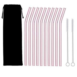 Glass Straw – 10pcs Pink Bent Glass Straw Set, 8'' Reusable Straws With Cleaning Brush For Tumblers, Tervis, Starbucks Cups, Mason Jars – STRAW0020-TR-10 (Pink Bent 10pcs)