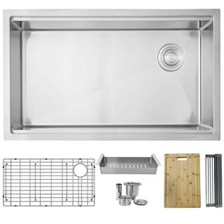 33"L x 19"L Single Bowl Undermount 16G Kitchen Ledge Workstation Sink with Grid, Luxury Basket Strainer, Drying Rack, Colander and Bamboo Cutting Board, S-613W VERSA33 (33 x 19 inch)