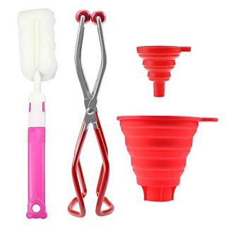 4 Pieces Function Canning Funnel Kit, 2 Pieces Silicone Foldable Funnel in Different Sizes Wide Mouth Funnel Canning Jar Lifter and Brush Kitchen Universal Transfer Tools (Red)