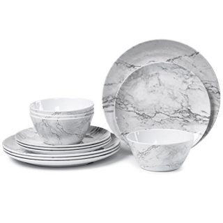 Melamine Dinnerware Set for 4-12 Piece Dinner Dishes Set for Camping Use, Lightweight Unbreakable and Dishwasher Safe, Marble Pattern …