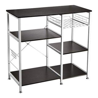 VANSPACE Industrial Kitchen Baker's Rack Utility Storage Shelf Microwave Stand 3-Tier + 3-Tier Kitchen Storage Cart Table for Spice Rack Organizer Workstation with 5 Hooks - 35.5" Black Walnut