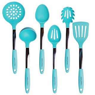 Turquoise Kitchen Utensil Set - Stainless Steel & Silicone Heat Resistant Professional Cooking Tools - Spatula, Mixing & Slotted Spoon, Ladle, Pasta Fork Server, Drainer - Bonus Ebook!
