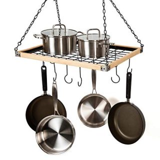 Soduku Pot Pan Rack with Shelf Grid, Ceiling Mounted Hanging Multi-Purpose Wood & Metal Cookware Hanger Organizer Kitchen Storage with 10 Hooks