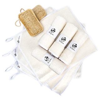 Super Absorbent Bamboo Washcloths x 8 - Natural Loofah Sponge x 2 - Eco-Friendly Dish Scrubber - Combo for Cleaning Supplies - Multi-Purpose Reusable Towels - Luxury Dish Cloths - Kitchen Towels