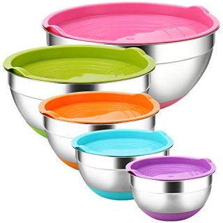 Stainless Steel Mixing Bowls with Airtight Lids by REGILLER, 5 Piece Colorful Silicone Flat Base Nesting Metal Bowls, 7-3.5- 2.5-2- 1.5 Quart Measurement Lines for Cooking Supplies
