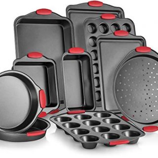 Perlli 10-Piece Nonstick Carbon Steel Bakeware Set With Red Silicone Handles | |Metal, Reusable, Quality Kitchenware For Cooking & Baking Cake Loaf, Muffins &More | Non Stick Kitchen Supplies