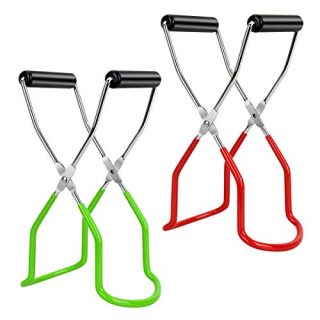 2Pcs Canning Jar Lifter Tongs Stainless Steel Jar Lifter with Non-slip Safe Handle Grip and Lengthen Bend Foot Anti-Skid Wide-Mouth Clip for Kitchen Restaurant Accessories (Red/Grass-green)…