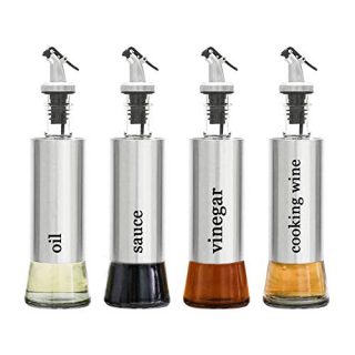 Tebery 4 Pack Oil and Vinegar Cruet Dispenser Set with Drip Free Design Elegant Stainless Steel with Glass Bottom
