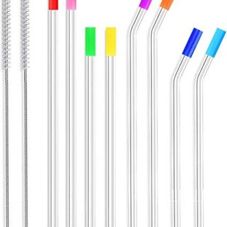 ALINK 8-Pack Slim 7mm Glass Straws, Reusable Clear Drinking Straws for 20 oz 30 oz RTIC/YETI Tumblers, Tervis, Mason Jars with 2 Cleaning Brush & 8 Silicone Tips