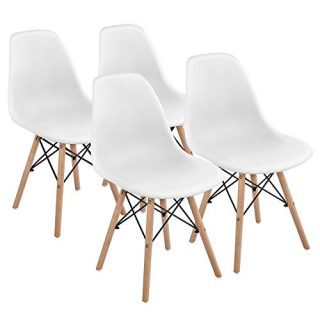 Yaheetech Dining Chairs with Beech Wood Legs and Metal Wires Modern Side Chairs Pre Assembled Shell Eiffel DSW Chairs for Dining Room Living Room Bedroom Kitchen Lounge Reception, Set of 4, White