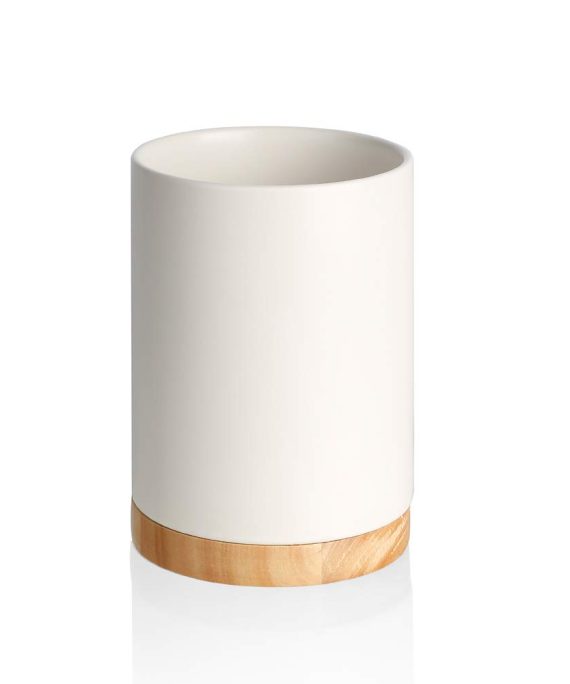 SWEEJAR Kitchen Utensil Holder with Wooden Bottom, 6.7‘’ Ceramic Utensil Crock to Hold Spatulas for Cooking Countertop, Housewarming, Wedding, Birthday Gift (White)