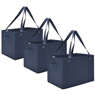 GRANNY SAYS Reusable Bags for Shopping, Collapsible Reusable Shopping Box with Straps and Handles, Large Storage Bins, Navy, 3-Pack