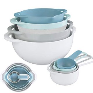 Nesting Bowls 8 Piece Mixing Bowl Set, Plastic Colorful Kitchen Bowls BPA Free, Including 2 Mixing Bowls, 1 Colander, 1 Sifter and 4 Measuring Cups with Handles for Salad Snack Fruits Baking Cooking