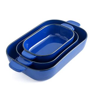 KVV Ceramic 13X9 Baking Dish Set,Kitchen,Cake Dinner,Banquet and Daily Use,Lasagna Pan,Ovenware Casserole Pan,ceramic bakeware(Blue set of 3)