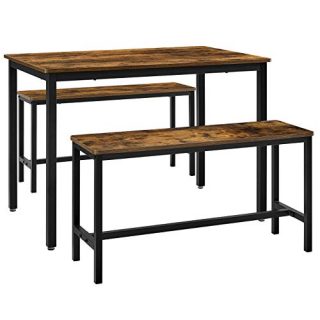 VASAGLE ALINRU Dining Table with 2 Benches, 3 Pieces Set, Kitchen Table of 39.4 x 27.6 x 29.5 Inches, Bench of 38.2 x 11.8 x 19.7 Inches Each, Industrial Design, Rustic Brown and Black UKDT070B01