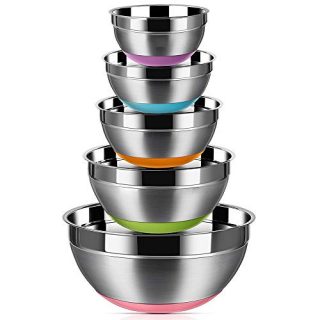 Stainless Steel Mixing Bowls (Set of 5), Non Slip Colorful Silicone Bottom Nesting Storage Bowls by Regiller, Polished Mirror Finish For Healthy Meal Mixing and Prepping 1.5 - 2 - 2.5 - 3.5 - 7QT