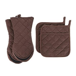 ARCLIBER Oven Mitts and Potholders,4PCS Heat Resistant Kitchen Gloves,Cotton Lining Non-Slip Rubber Surface 2 Oven Mitts,2 Pot Holders for Cooking,Baking,Grilling,Barbecue,Brown
