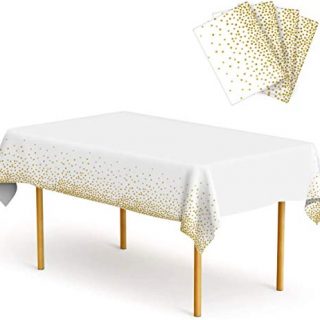 4 Pack Disposable Plastic Tablecloths, 54" x 108" Premium Waterproof Rectangle Table Covers, Gold Dot Rectangular Party Table Cloths for Parties Birthday Christmas Wedding, Anniversary (White)