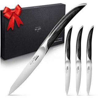 SKY LIGHT Steak Knives, Steak Knife Set of 4 Non Serrated German High Carbon Stainless Steel with Gift Box, Star-shine Pakkawood Handles, for Restaurants, Kitchen, Camping