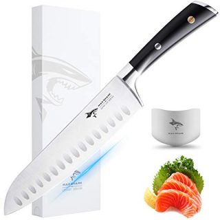 8-inch MAD SHARK Santoku knife with hollow-edge blade and ergonomic handle on wooden cutting board