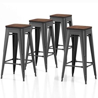 VIPEK 30 Inches Metal Bar Stools Set of 4 Bar Height Barstool Bar Chairs with Wooden Seat 30" for Home Kitchen Cafe Dining Chairs Patio Bistro Restaurant Industrial Style, Matte Black