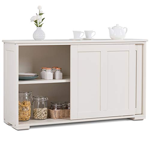 Costzon Kitchen Storage Sideboard, Antique Stackable Cabinet for Home Cupboard Buffet Dining Room (Cream White with Sliding Door)