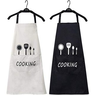Hivory Kitchen Bib Aprons For Women & Men ~ Free-Size Cooking Apron ~ Great for Both Men & Women ~ Chef Favorite With 1 Big Pocket ~ (Beige & Black, Pack of 2)