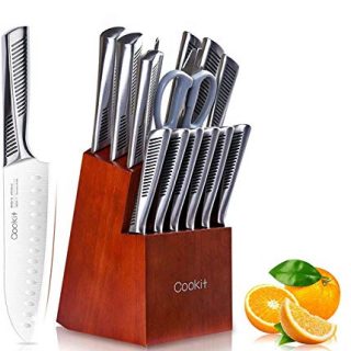 Cookit Knife Sets, 15 Piece Kitchen Knives Set with Block, German Stainless Steel Chef Knife Set Hollow Handle Cutlery with Manual Sharpener