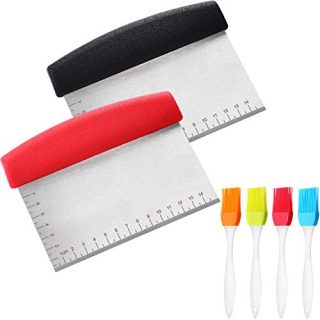 2 Pieces Metal Dough Scraper Stainless Steel Dough Cutter Scraper Pastry Cutter Griddle Scraper Chopper with Measuring Mark and 4 Pieces Basting Brushes Kitchen Tool for Bread Pizza Grilling Baking