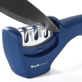 Wanbasion Blue Kitchen Knife Sharpener Professional 3 Stages, Kitchen Knife Sharpener Manual Sharpening, Knife Sharpener for Kitchen Knives with Stainless Steel Ceramic Diamond Blade
