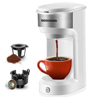 REDMOND Coffee Maker Single Serve, Single Cup Coffee Brewer for Pod & Coffee Grounds, Up to 14 OZ One Touch Operation 90 Seconds Fast Brewing Coffee Maker, 1000W, White, CM001
