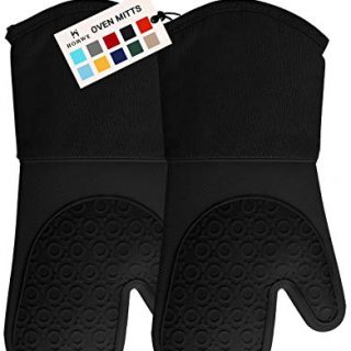 HOMWE Extra Long Professional Silicone Oven Mitt, Oven Mitts with Quilted Liner, Heat Resistant Pot Holders, Flexible Oven Gloves, Black, 1 Pair, 13.7 Inch