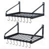 Love-KANKEI Pot Rack Wall Mounted Set of 2 Pan Pot Organizer Wall Shelves with 16 Hooks for Kitchen Cookware Utensils Organization Black