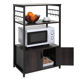 USIKEY Kitchen Baker's Rack, Microwave Oven Stand with 1 Storage Cabinet and 8 Hooks, 3-Tier Kitchen Storage Cainet with Doors and Shelves, Metal Frame Industrial Baker Rack Wood Look