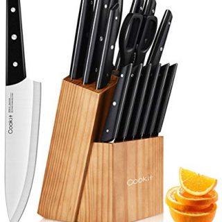 Knife Set with Block, Cookit 15 Pieces Kitchen Knife Set with Pine Block Holder, Knife Block Set with Sharpener, High Stainless Steel Knives with Comfortable-grip ABS Handle