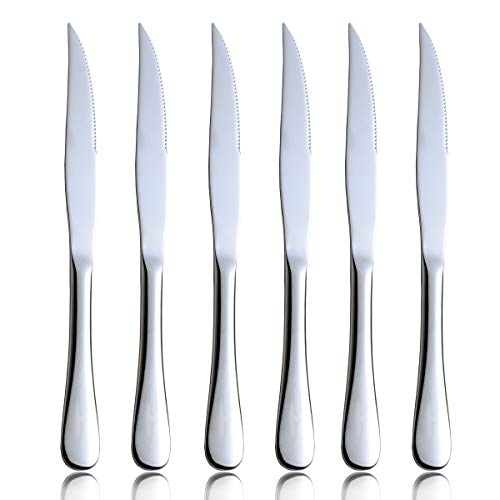 OMGard Steak Knife Set 6 Piece Carbon Stainless Steel Extra Heavy Weight Dinner Cutlery Premium Flatware Serrated Knives 9-inch Thick Duty Sets of 6 Table Silverware Eating Utensils Dishwasher Safe