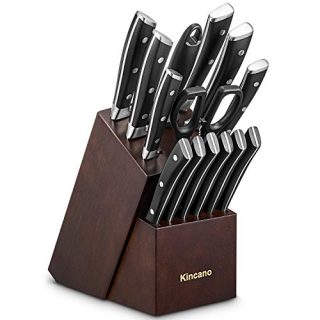 Knife Set High Carbon Stainless Steel Kitchen Knife Block Set 15 Piece, Super Sharp Chef Knife Set with Wooden Block, Sharpener and Scissors, by kincano