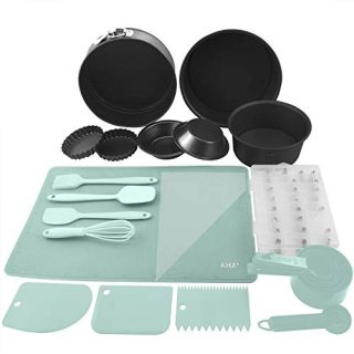 Baking Set Cake Decorating Supplies Kit Nonstick Bakeware Set Cake Pie Cupcake Custard Tart Pans Icing Tips Silicone Spatula Whisk Pastry Mat Measuring Cups - 60 Piece (Aqua)