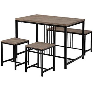 Polibi Wooden Dining Table Set, 4-Piece Dining Set with Metal Frame Wood Kitchen Table, One Bench and Two Stools (Brown)
